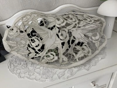 linge ancien Centre Table Napperon Lin Bi Broderie Richelieu Décor Hirondelle - Photo 1/4