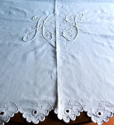 Drap ancien métis blanc brodé main feston/Grand monogramm ruban noué HS  201/300 - Photo 1/4