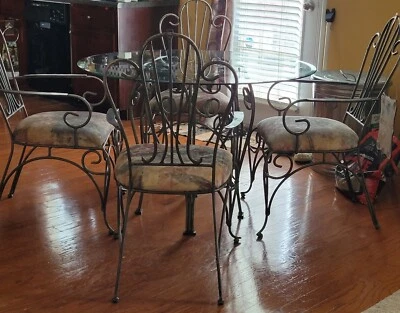 Heavy Iron Base Glass Table With Heavy Iron Chairs And Cloth Padding - Image 1 of 4