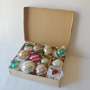 Vintage Shiny Brite Christmas Glass Ornaments Striped Mica Lot of 12 in Box - Bild 1 von 17