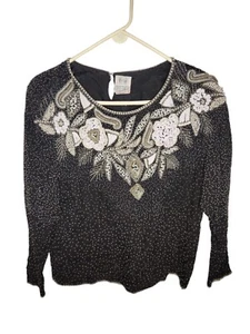 Together Black Beading Sequins Holiday Formal Glamourous Top Size M - Picture 1 of 4
