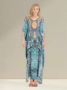 Satin Silk crystal embellished kaftans with digital prints in 8 colours & prints - Picture 1 of 5