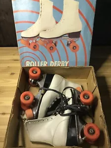 Vtg Roller Derby White High Top Roller Skates w/ Urethane Wheels sz 6 - Picture 1 of 12