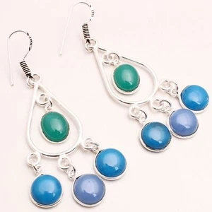 Chalcedony Gemstone Designer Handmade Jewelry Drop Dangle Earring 2.76" EE-013 - Picture 1 of 4