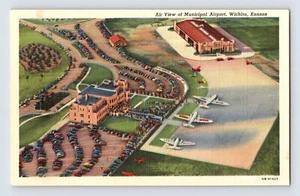 Postal Kansas Wichita KS Aeropuerto Municipal Aviones Aéreos Años 40 Lino Sin Publicar - Imagen 1 de 2