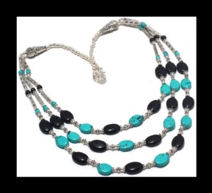 NEW - TRIPLE ROW BLACK ONYX & TURQUOISE ANTIQUE SILVER NECKLACE - Picture 1 of 1