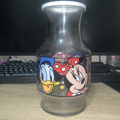 Jarra de jugo de vidrio vintage Walt Disney Mickey Minnie Donald Duck con tapa Foto 1 de 4