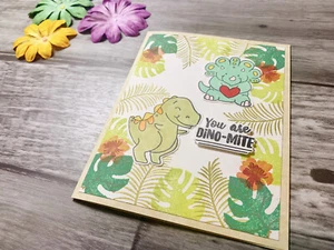 Handgefertigte Geburtstagskarte Gruß Dinosaurier Du bist Dinomit tropische Blätter - Bild 1 von 6