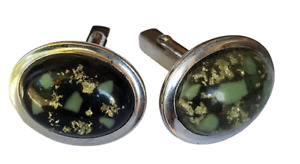 Mid Century Gold Flake Oval Silver Tone Anson Cufflinks Black Green Stone M15