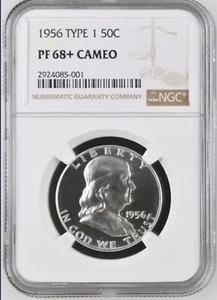 1956 Type 1 Franklin Half Dollar Proof Silver 50c, NGC, PF 68+ Cameo, PR68+CAM - Picture 1 of 5