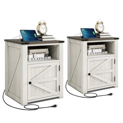 Night Stand Set 2,End Table with Charging Station,18" Farmhouse NightStand wi... - Image 1 of 4