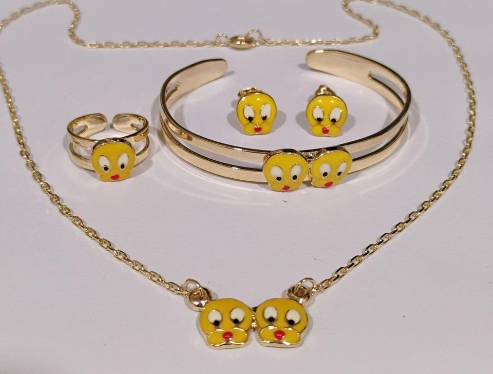 Ожерелье, браслет, серьги и кольцо из 18-каратного золота для девочек Tweety птица набор 4 шт. - Изображение 1 из 4