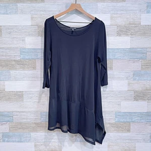 Eileen Fisher 100 % Seide asymmetrisch durchsichtig Netzsaum Tunika Top schwarz Damen Large - Bild 1 von 6