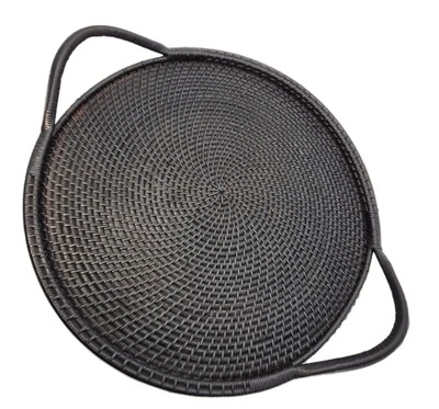 Pampered Chef Woven Selections 17" Round Tray Wicker Rattan Black Wood #2145 - Image 1 of 4