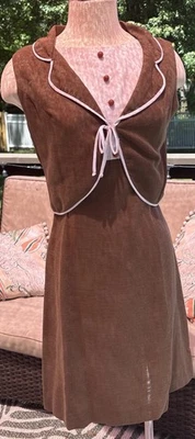 Vintage 1960s SUE BRETT Juniors Dress S Brown White 2 Piece Summer Tea - Image 1 of 4