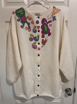 CÁRDIGAN BARNEY EL DINOSAURIO VINTAGE PINTADO A MANO PARA MUJER TALLA MEDIANA ¡MUY RARO! Foto 1 de 4