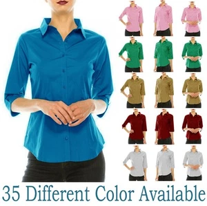 Camicetta donna classica cotone manica 3/4 bottoni abito camicia lavoro top - Foto 1 di 77