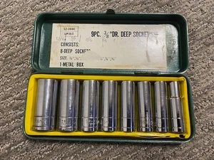 Vintage 9 piezas 3/8" Dr. 6 Pt. Juego de enchufes profundos CR-V 12-3444 3/8" a través de 13/16" con caja - Imagen 1 de 11