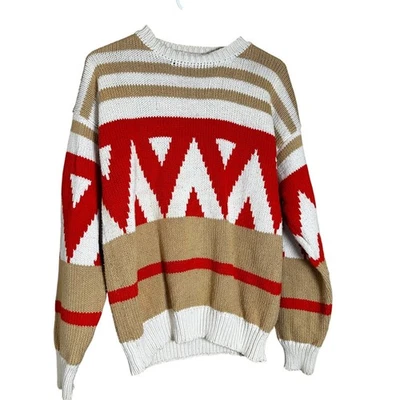 Vintage Claiborne Cotton Sweater Red White Tan Aztec Geometric Pattern Medium - Image 1 of 4