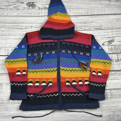 Ecuador Wool Zip Hoodie Jacket S/M Rainbow Aztec Southwest Boho Native Handmade - Image 1 of 4