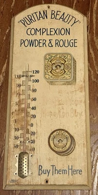 Antique Puritan Beauty Powder Co. Taylor Permacolor Thermometer Wood Sign 21” - Image 1 of 4
