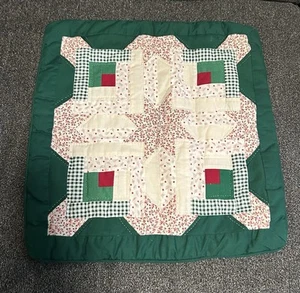 Vintage Patchwork Quilted Pillow Cover 16" Sq Green Ivory 8 Point Star Log Cabin - Picture 1 of 11