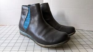 Kork-Ease Gray Leather Teal Elastic Ankle Chelsea Booties Slip On Size 7.5