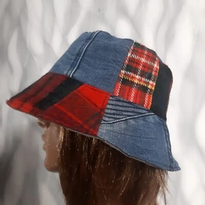 Red-blue plaid patchwork hat, Boho dark red hat in street fashion style - Picture 1 of 11