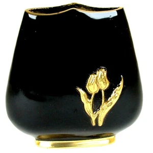 Vintage Black Enamel over Brass Vase With Tulips on both Sides 6” - Picture 1 of 6