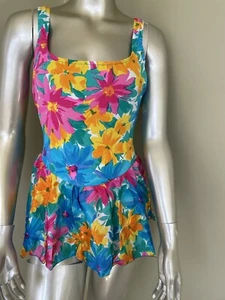 Vintage Swimsuit One Piece Skirt Tropical Bright Multicolor Floral Low Back Sz12 - Picture 1 of 10