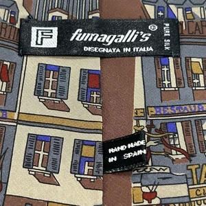 Fumagalli's Tie Riviera Hotel Scene Brown Silk Tie Made in Spain - Picture 1 of 7
