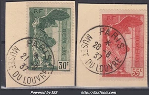 FRANCE : PAIRE SAMOTHRACE N° 354/355 TB CACHETS SUR FRAGMENT DE CARTE DU LOUVRE - Picture 1 of 2