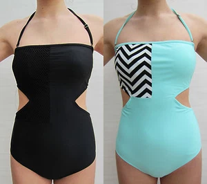 EX-RIVER ISLAND SCHWARZ ODER GRÜN & SCHWARZ SEITENAUSSCHNITT BADEANZUG KOSTÜM NEU OHNE ETIKETT - Bild 1 von 10