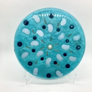 Aqua Teal Blue Lucite Acrylic Resin Trivet Plate Plant Stand Vintage Footed - Picture 1 of 10