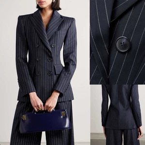 Women's Suit Peak Lapel Double Breasted Striped Business Office Casual 2 Pcs - Picture 1 of 8