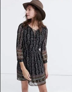 Madewell Dress Black Boho Paisley Print 3/4 Sleeve Lace Up Mini Lined Size 2 - Picture 1 of 6