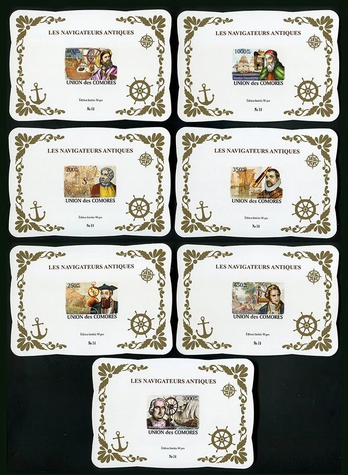 LY527 2008 COMOROS EXPLORERS SAILING SHIPS COLUMBUS GOLD ! CARDBOARD 7BL MNH - Image 1 of 1