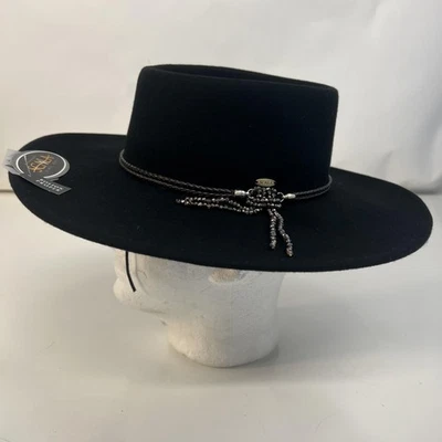 Nuevo con etiquetas Sombrero de Vaquero Scala Ajustado Para Mujer OS Negro Lana Ala Ancha Banda con Cuentas Western Foto 1 de 4