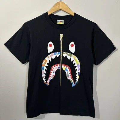 A Bathing Ape Bape Shark Zipper T Shirt Multicolor Camo Adult Size Small Black - Image 1 of 4