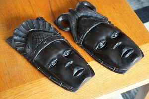 2er Set Vintage afrikanische handgeschnitzte Ebenholz Holz Stamm Gesichtsmasken Wandkunst 10" - Bild 1 von 8