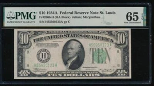AC 1934A $10 Saint Louis FRN PMG 65 EPQ H-A block Fr 2006-H - Picture 1 of 2