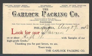 1903 PC Garlock Paking Co Mfr Phila Pa Mangueras Válvulas Anillos Etc Vendedor Ver Información - Imagen 1 de 1