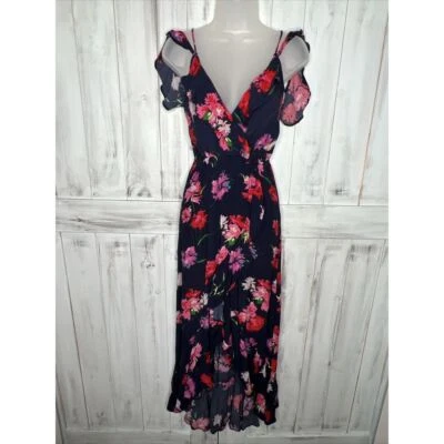 VESTIDO MAXI EXPRESS AZUL FLORAL CON VOLANTES IMITACIÓN ENVOLTURA CINTURA ELÁSTICA SIN MANGAS XS Foto 1 de 4