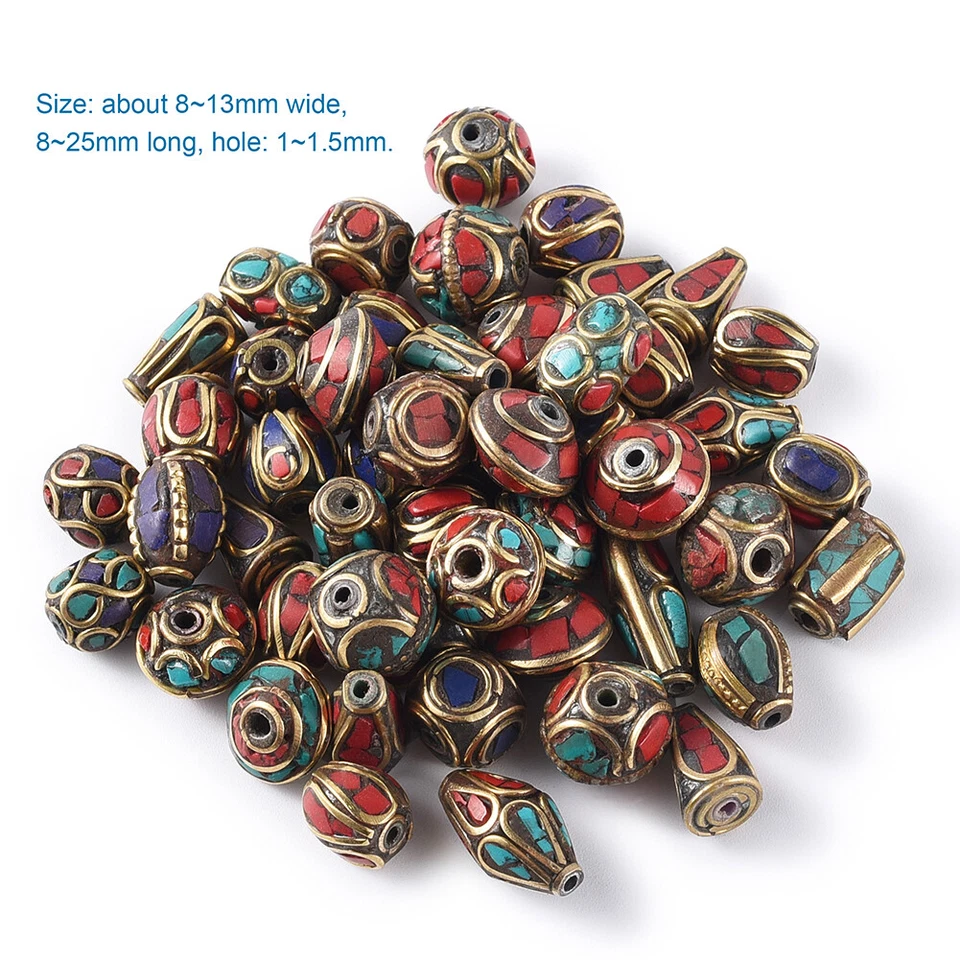 50pcs Assorted Handmade Tibetan Metal Beads Coral Turquoise Antique Gold 8~13mm - Image 1 of 4