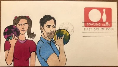 1971 Bowling FDC Hand Drawn Cachet Man And Woman On Bowling Team 8c - Image 1 of 2