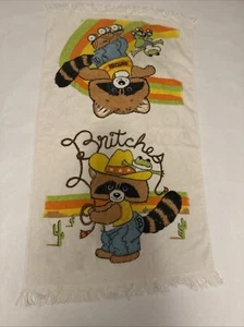 Vintage Waschbär & Frosch Badetuch "Britches" Rollschuhe Fransen MCM alle Baumwolle - Bild 1 von 4