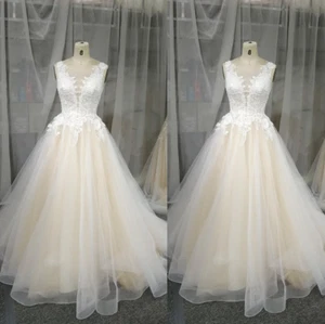 Classic Champagne Wedding Dresses V Neck Sweep Train Lace Applique Bridal Gowns - Picture 1 of 16