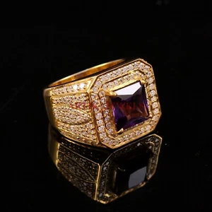 Naturale Ametista Gemma Con Placcato Oro 925 Anello Argento Sterling per Uomo - Foto 1 di 6