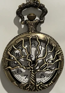 Retro Pocket Watch Life Tree Hollow Case White Face Quartz Analog Chain New - Picture 1 of 4