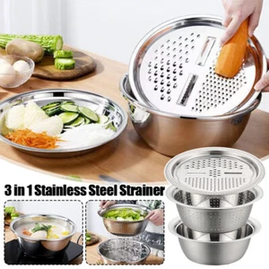Set 3 in1 Acciaio Inox Colino Multifunzione Ciotola Miscelazione Veg Lavaggio Fetta - Foto 1 di 11